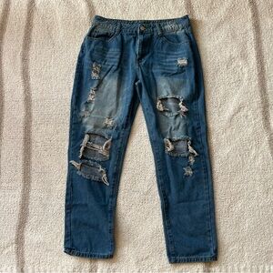 ripped distressed straight leg blue jeans Amazon